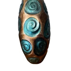 Heather Ann Creations Embossed Swirl Vase Brown & Teal Ceramic Art Pottery 13”